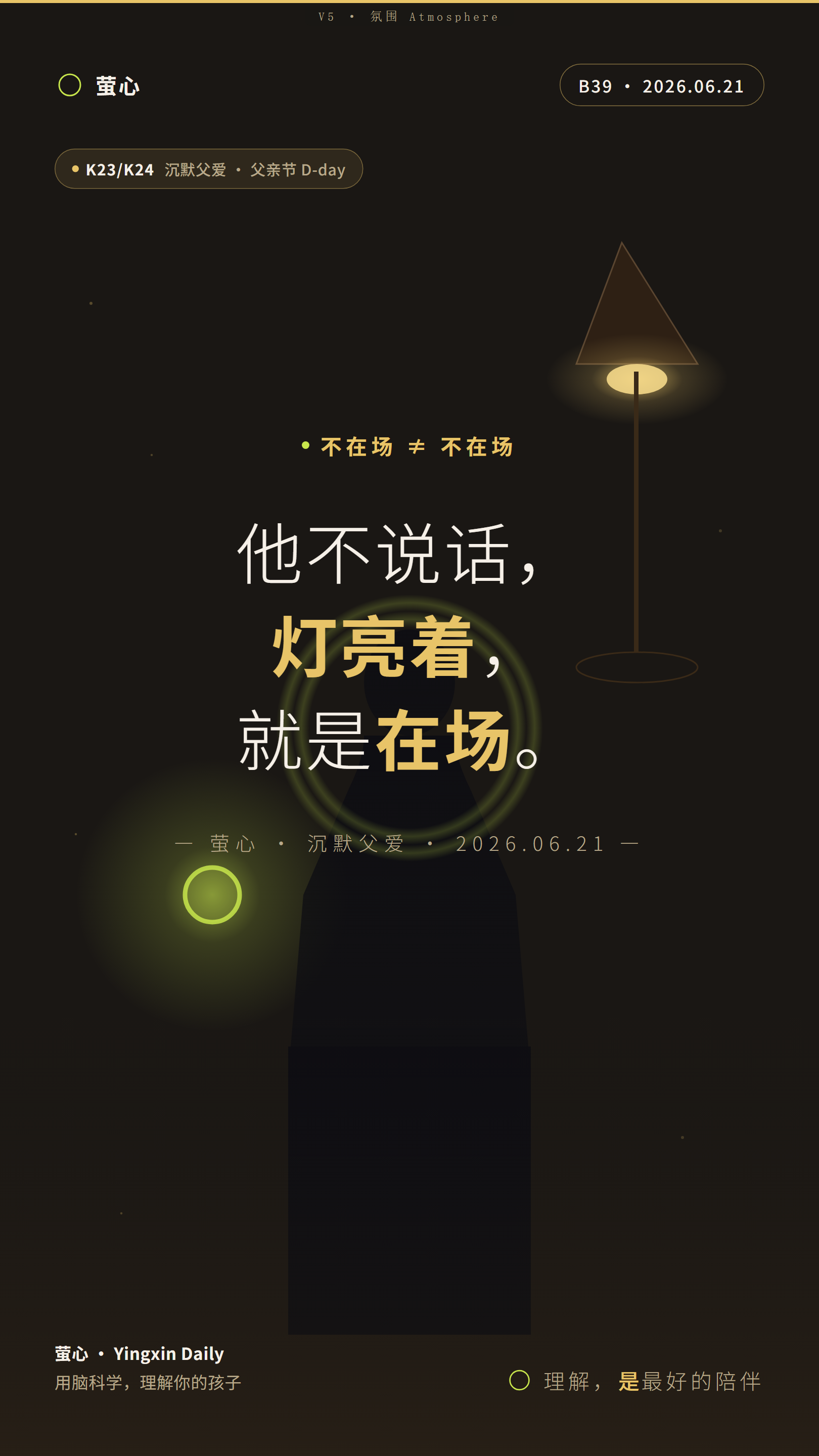 氛围图：暗底父亲剪影 + 客厅暖灯